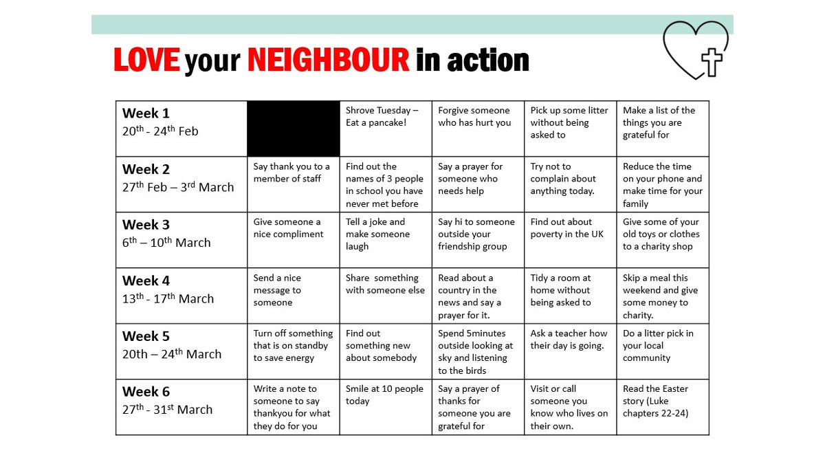 This Lent the students are focusing on doing one kind thing a day around the theme 'Love Your Neighbour'. Help your child get involved using the daily planner below. Please email school if you want to share any good news.

#Lent2023 #kindness #lovethyneighbour