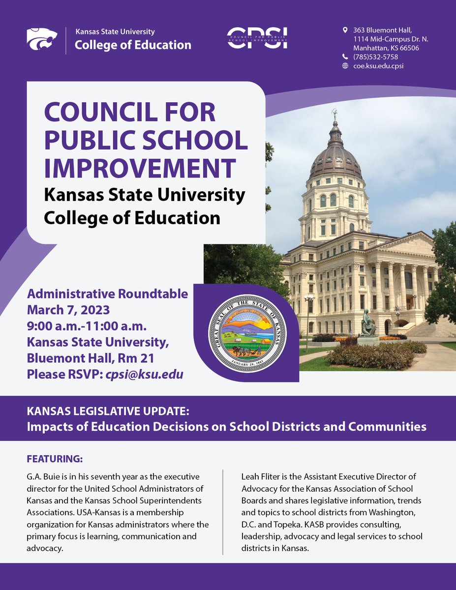 It's time for another CPSI Administrative Roundtable! Join us march 7th! RSVP: cpsi@ksu.edu 
More Info: buff.ly/3hOAsYn
<a href="/tonniemartinez/">Tonnie Martinez</a> <a href="/gabuie31/">G.A. Buie</a> <a href="/leahfliter/">Leah Fliter</a> 

 #kstate #edcats #impact