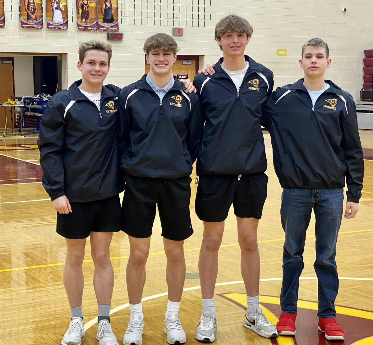 RossSwim's tweet photo. State send off for our boys today! Congratulations to Cooper, Conner, Connor, and Luke! 😁 https://t.co/1vZRoQ87ws