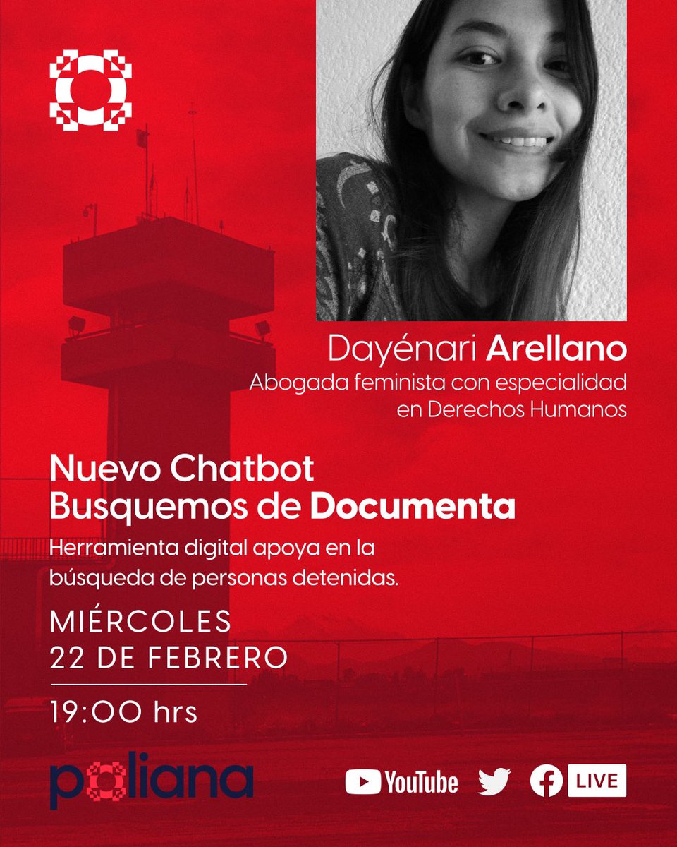 🚨 ¿Qué es el nuevo chatbot #Busquemos de <a href="/DocumentaAC/">Documenta A.C.</a>? 

Es una herramienta digital para conocer la situación y ubicación de una persona ilegalmente detenida. 

¡Acompáñenos hoy con Deyénari Arellano a las 7:00PM en vivo por Facebook, Twitter y YouTube!