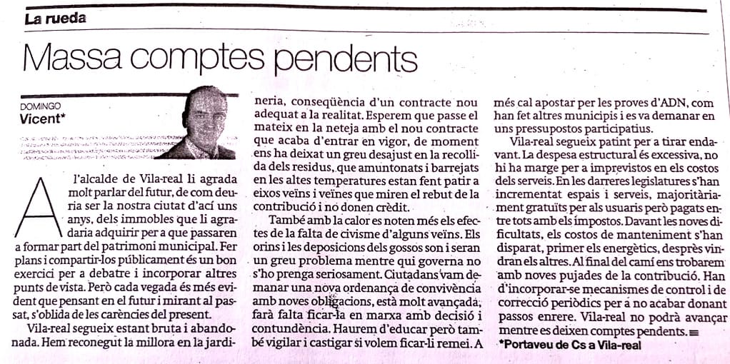 📰 Benlloch parla de futur però oblida les carències del present.

1️⃣ Vila-real segueix bruta i abandonada.

2️⃣ Falta civisme i més vigilància. Els excrements i els orins estan per tot arreu.

3️⃣ Despesa estructural excessiva i descontrolada. Ens tornarà a pujar la contribució.