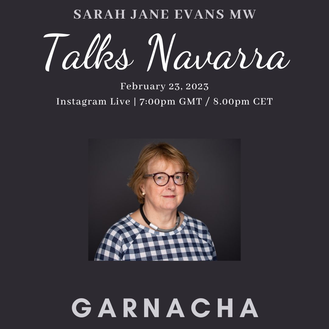 Join us IG Live Thurs 7pm 

#garnacha masterclass 
with <a href="/SJEvansMW/">Sarah Jane Evans MW</a> tasting;

Caudalia Umea Blanc
Neuras 25 Vendimias
Casa de Luculo Chloss
Tándem immune
Sada Alta Sada
Príncipe de Viana Albert La Loma
Bodega de Sarria Viñedo Uno
Unsi Terrazas

#Navarra