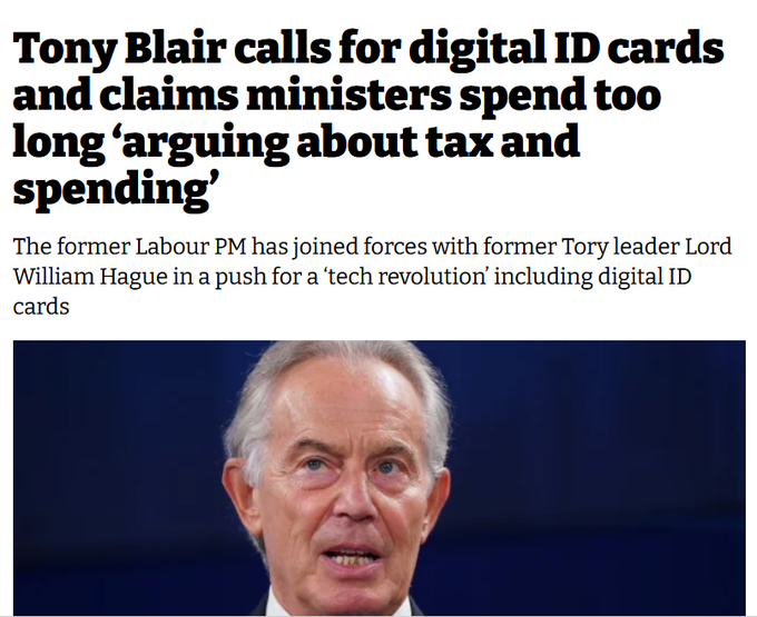 Britain_People's tweet photo. REANIMATED corpse of Tony Blair is on the Radio 4 Today programme arguing that the solution to the UK's now 70 years of economic stagnation is:

DIGITAL ID cards.

RETWEET if you don't want Digital ID cards. https://t.co/YCZxoZqenY