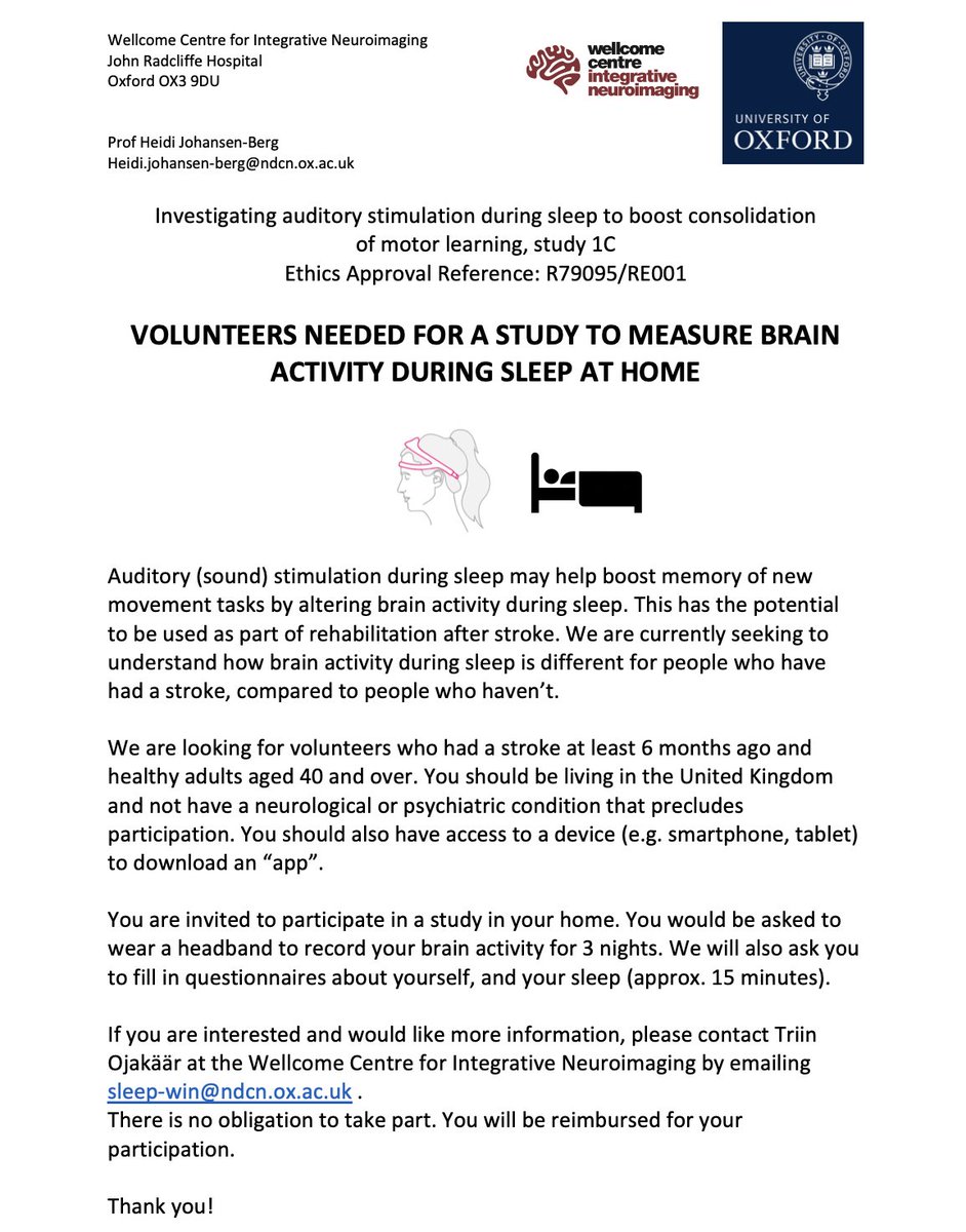 Triin Ojakäär (@tojakaar) on Twitter photo Volunteers needed!
We are looking for healthy adults, aged 40+ and stroke survivors for a home-based study measuring brain activity during sleep. If you would like to take part, email us: sleep-win@ndcn.ox.ac.uk
<a href="/Mels_Science/">Melanie Fleming</a> @OxfordWIN <a href="/neuroplastics/">The Neuroplastics</a> Volunteers needed!
We are looking for healthy adults, aged 40+ and stroke survivors for a home-based study measuring brain activity during sleep. If you would like to take part, email us: sleep-win@ndcn.ox.ac.uk
<a href="/Mels_Science/">Melanie Fleming</a> @OxfordWIN <a href="/neuroplastics/">The Neuroplastics</a>