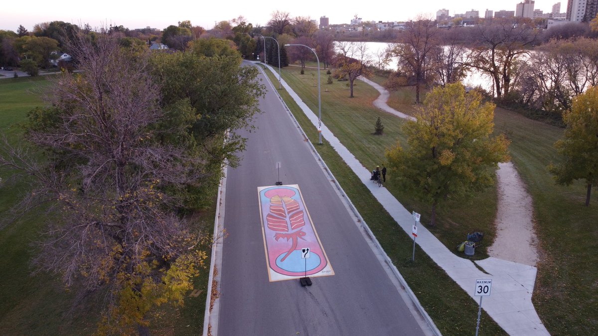 CoolStreetsWPG's tweet photo. #PaintThePavementWPG murals we curated for @cityofwinnipeg as part of their pilot traffic calming on the Lyndale dr - Enhanced Summer Bike Route. https://t.co/Eot8VXDs3y