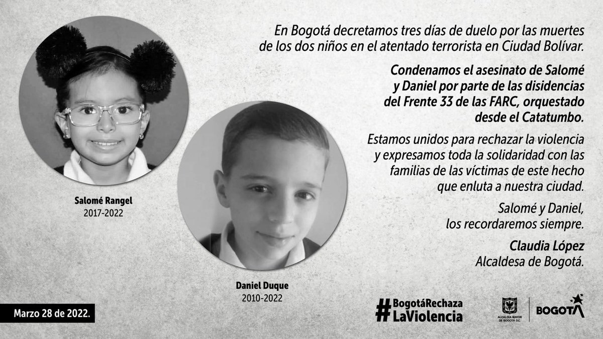ClaudiaLopez's tweet photo. Alias John Mechas de las FARC asesinó a Salomé y a Daniel, y pretendía matar a muchos más con dos atentados terroristas con bombas en Ciudad Bolívar el año pasado en Bogotá.
En vez de justicia le ofrecen Impunidad.
No más impunidad que solo reproduce y recicla violencia criminal! https://t.co/myKeSwnlBh