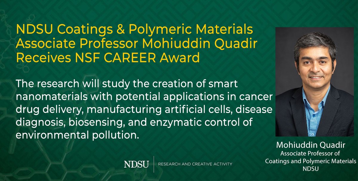 NDSUVPRCA's tweet photo. Congratulations to @NDSUCPM associate professor Mohi Quadir on receiving an @NSF CAREER Award! 

By creating smart nanomaterials that are coded to react to specific enzymes in the body, drugs can be delivered with pinpoint accuracy.
#NDSU #CancerResearch 

https://t.co/88Z4X7M85I https://t.co/m8L7yakciC