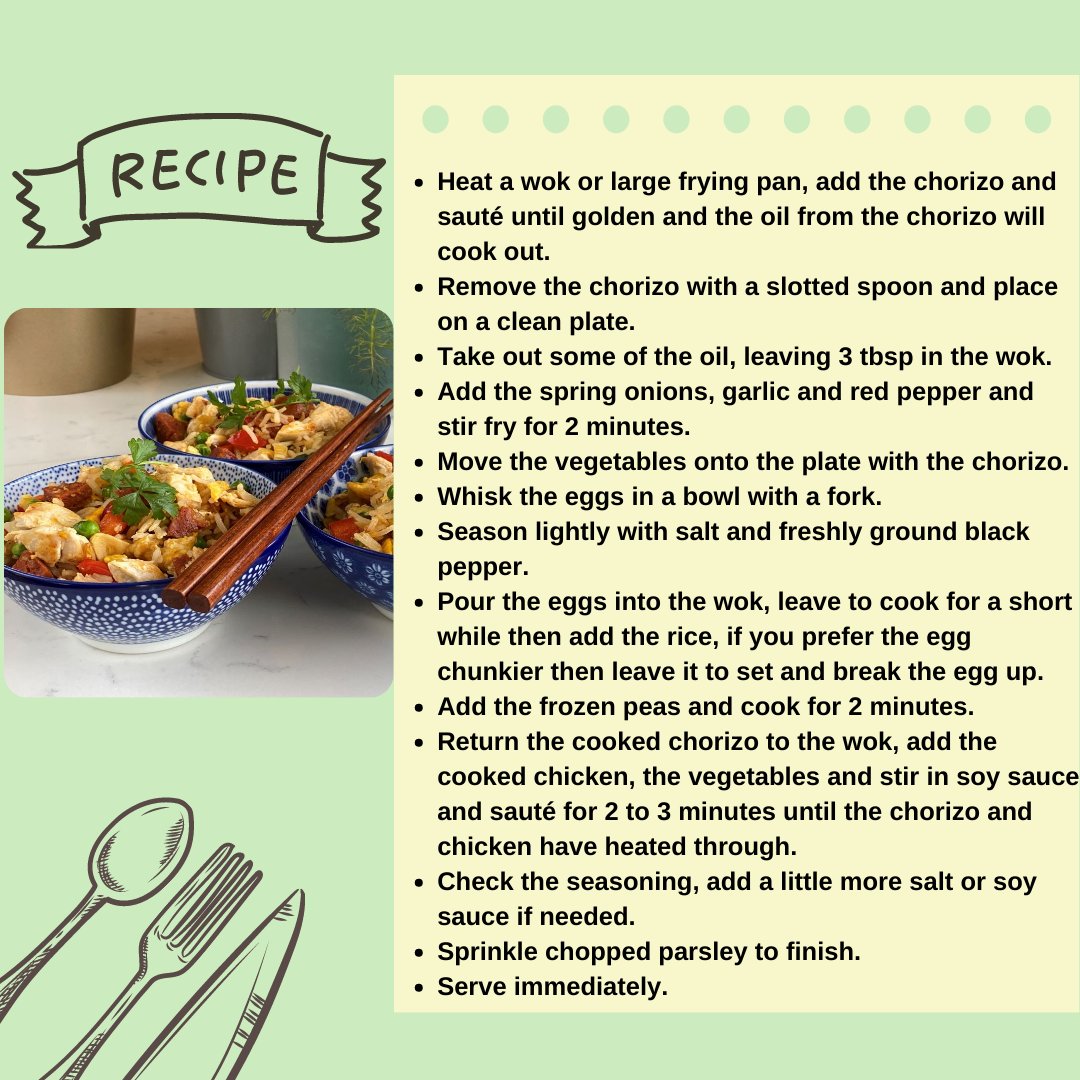 BallyknockenHCS's tweet image. Try this delicious, healthy and super easy dinner! Chicken &amp;amp; Chorizo with Egg Fried Rice 😋

A beautiful dish from Ballyknocken Cookery School 🙌

#easycooking #cookingrecipes #familyrecipe #quickmeals #nutrition #highprotein #simplerecipes #freshfood #family #lowcalorie #meal