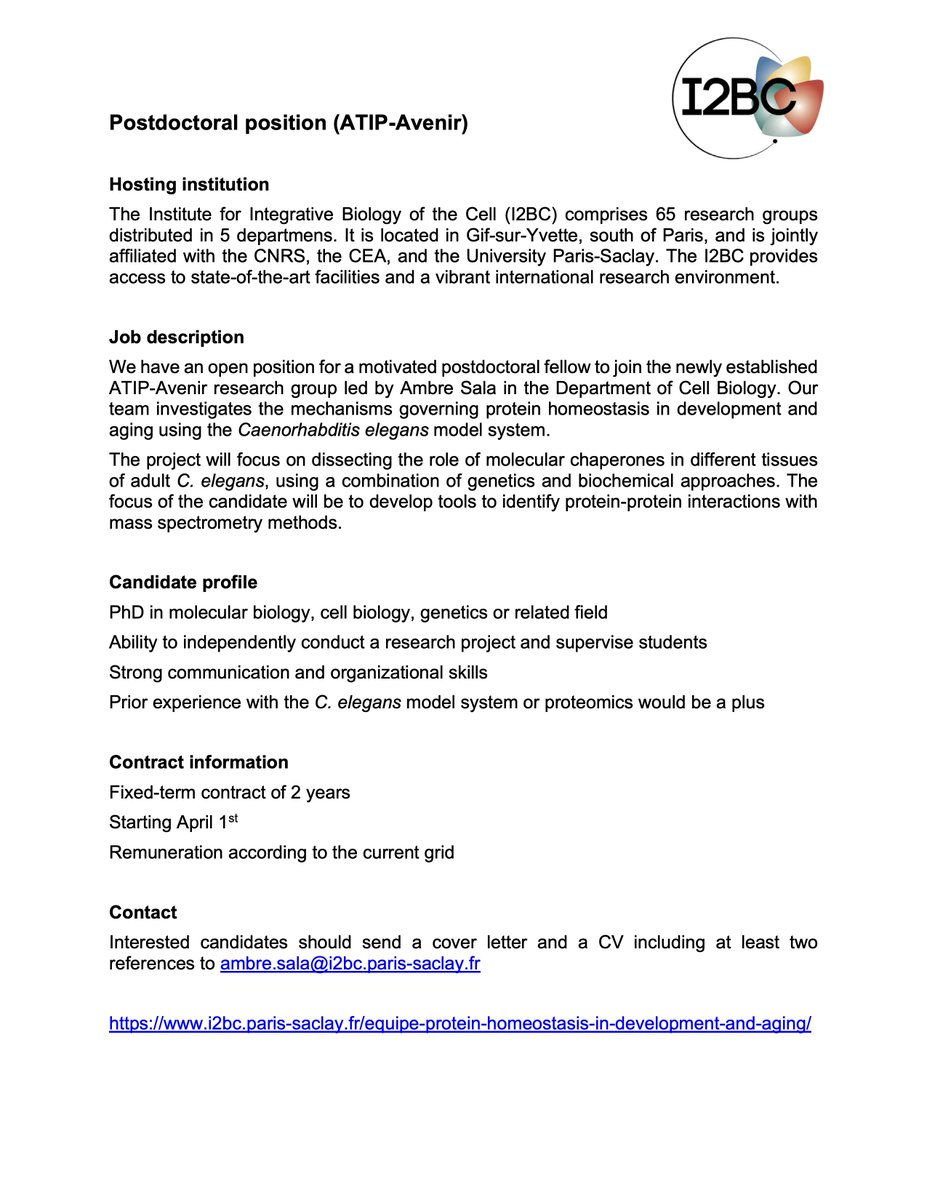 AmbreSala's tweet photo. The newly established Sala lab @I2BCParisSaclay  is recruiting! We are looking for a postdoc to study molecular chaperone networks in stress and aging using genetics and proteomics approaches in C. elegans.
2-year contract funded by ATIP-Avenir @INSB_CNRS https://t.co/mHmJ0IqF1v