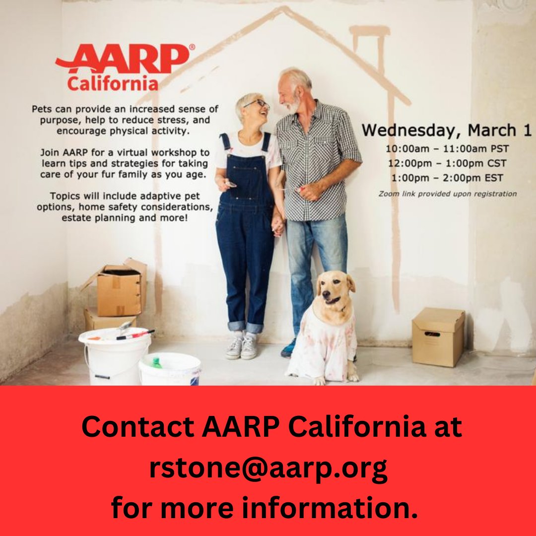 TheHeartofIda's tweet photo. AARP California is hosting an online ZOOM event on March 1 at 10 AM - Gain tips on pet care as your abilities change and ways to plan for your pet’s future. Contact AARP California at rstone@aarp.org for more information and to register for the Zoom link. https://t.co/qBBKtU9S3o