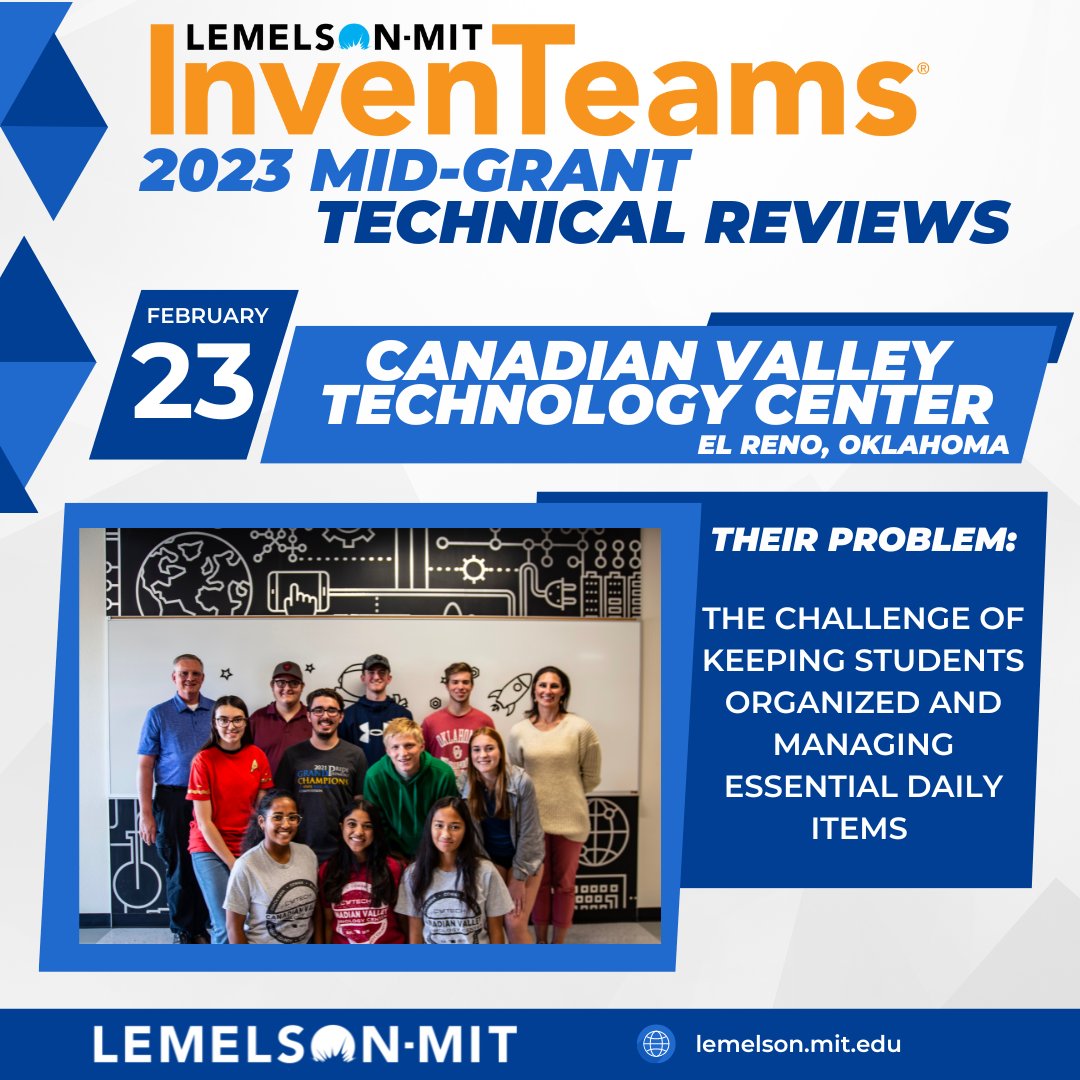 LemelsonMIT's tweet photo. The Canadian Valley Technology Center InvenTeam will be hosting a Mid-Grant Technical Review on Thursday, February 23.

🕐Time: 7-9:00 PM
🏫Location: Seminar Center inside Canadian Valley Technology Center's El Reno Campus https://t.co/fkREIPdy9r