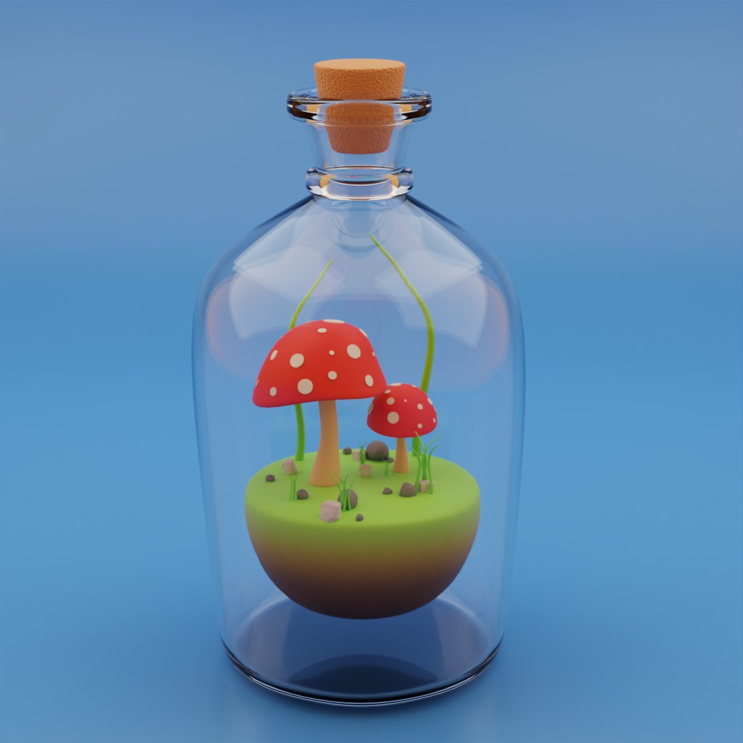 RaulPoyatosFoto's tweet photo. New project finish! una adorable botella con sus setas mágicas dentro #NFTCommunity #blenderart #modeling #renderCycle https://t.co/NSAv8BJTDh