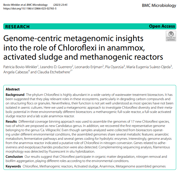 Patricia Bovio Winkler (@boviowinkler) on Twitter photo Happy to share our new paper just published in BMC microbiology! Many thanks to all co-authors <a href="/ClaudiaEtchebe1/">Claudia Etchebehere</a> <a href="/leri2021/">Leonardo Erijman</a> <a href="/AngelaCabezas11/">Angela Cabezas</a> <a href="/PiaOyarzua/">Pia Oyarzua</a> <a href="/mesuarezojeda/">María E Suárez-Ojeda</a> and to the reviewers for their very constructive feedback!
#Chloroflexi
#OpenAccess 👇
bmcmicrobiol.biomedcentral.com/articles/10.11… Happy to share our new paper just published in BMC microbiology! Many thanks to all co-authors <a href="/ClaudiaEtchebe1/">Claudia Etchebehere</a> <a href="/leri2021/">Leonardo Erijman</a> <a href="/AngelaCabezas11/">Angela Cabezas</a> <a href="/PiaOyarzua/">Pia Oyarzua</a> <a href="/mesuarezojeda/">María E Suárez-Ojeda</a> and to the reviewers for their very constructive feedback!
#Chloroflexi
#OpenAccess 👇
bmcmicrobiol.biomedcentral.com/articles/10.11…