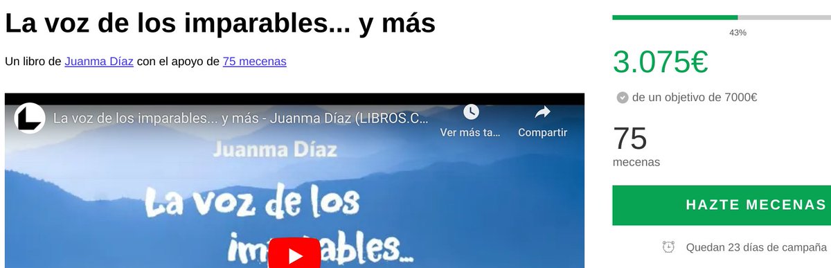 Gracias a mis mecenas ya hemos superado el 40% del objetivo para que mi 4º libro solidario #LaVozDeLosImparables sea una realidad.
Pero hay que seguir... quedan 23 días.
Hazte mecenas aquí: bit.ly/3K5gNPK
#SomosImparables
#SeguimosJuanma
#yomecuro