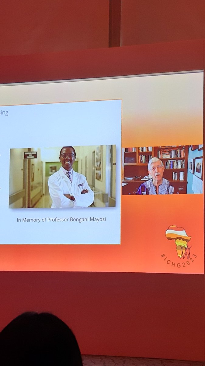 HumGen_UCT's tweet photo. "Africa is rising" ~Francis Collins, PhD ends off his Opening Plenary of #ICHG2023 by giving a moving tribute and reminds us of Prof Bongani Mayosi's motto: 
"Lift as you Rise" https://t.co/ukv7n4pJQo