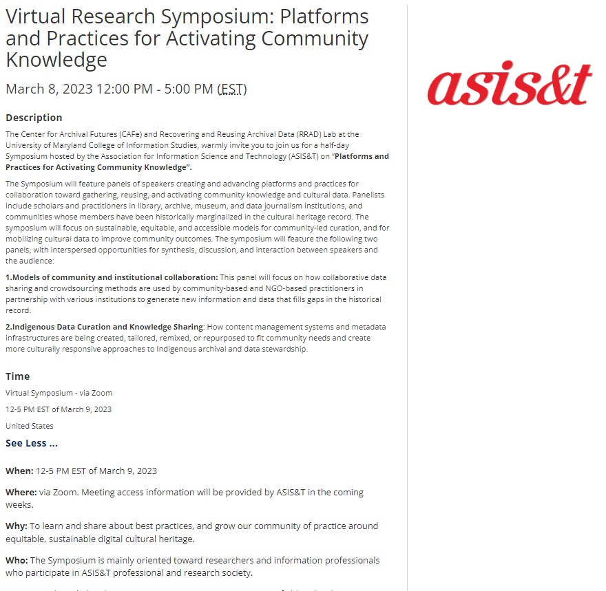 IndigenizeSnac's tweet photo. Virtual Panel @iSchoolUMD &amp; @asist_org on content management systems and metadata infrastructures being created, tailored or repurposed to fit Indigenous community needs

Sign up
https://t.co/cgmOhwplNx
 #indigenous #archives #library #informationstudies  #ASIST #decolonize #IMLS https://t.co/rky0MaPeRm