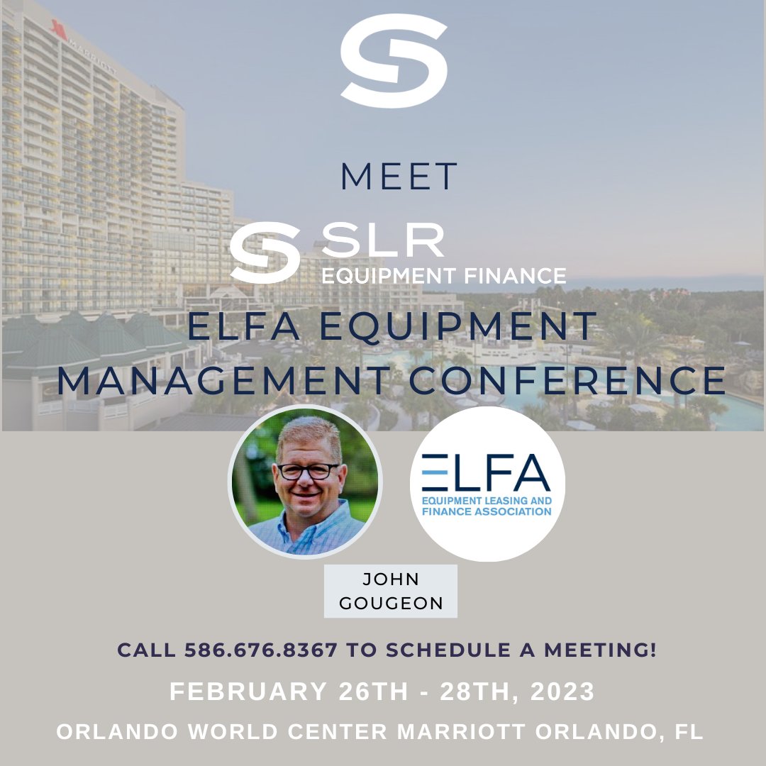 <a href="/nationsef/">SLR Equipment Finance</a> will be attending <a href="/ELFAOnline/">ELFA</a>'s Equipment Management Conference in Orlando, FL next week.

John Gougeon looks forward growing new and existing relationships!

If you want to schedule a meeting, please send an email request to jgougeon@slreqf.com or call (586) 676-8367.