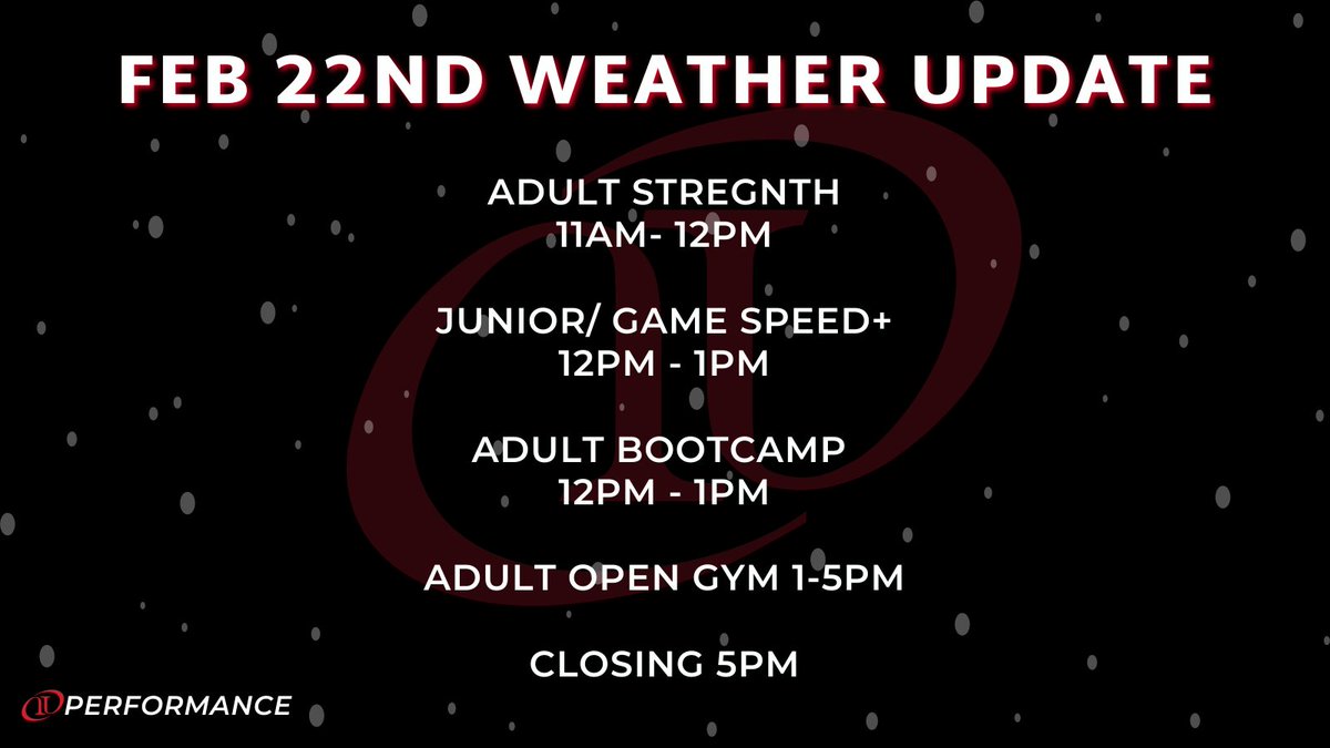 Check out today's schedule!

We will be open until 5PM today. Classes will be until 1PM. From 1-5 PM will be OPEN GYM only for ADULTS. 

As for tomorrow's schedule, we will have a late start at 9AM. We will update further!