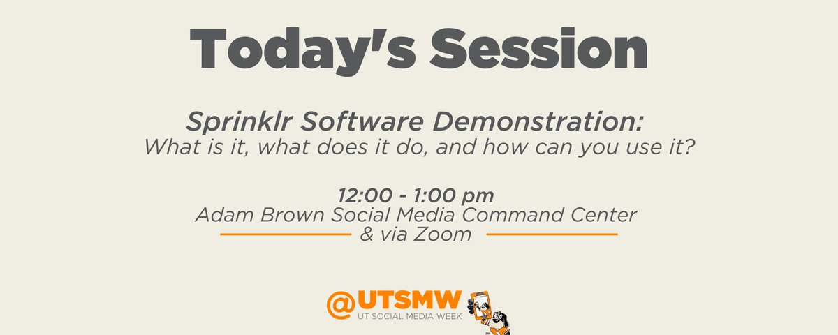 UTSMW's tweet photo. T-minus 30 minutes until today's session, Sprinklr Software Demonstration, begins! Join us on zoom at https://t.co/N2T6QCjhKb or in person in COM 460. #UTSMW23 

@UTADPR @utkcmst @UTKSIS @UTKnoxville @WUTKTheRock @UTCCI @UTJEM https://t.co/450Y33pTfT