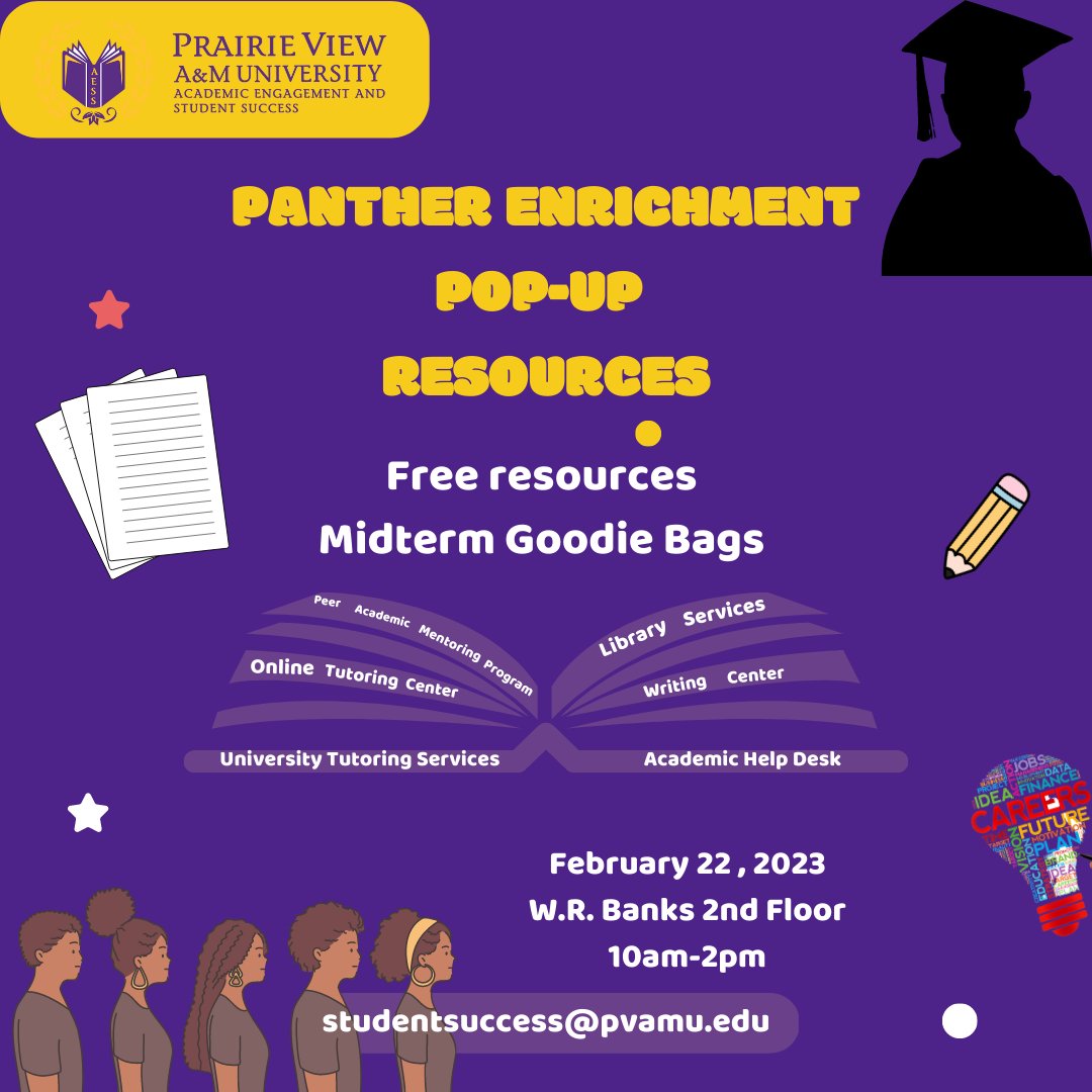 Pvamu_LevelUp's tweet image. Happening Now 💜💛
Academic Pop-up event📚
Free scantrons, goodie bags, candy🍭

#PVAMU #PVAMUSuccess #TeamAESS