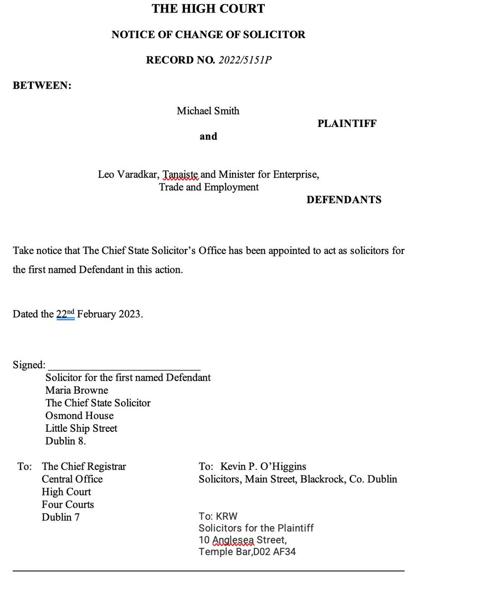 The Chief State Solicitor, not solicitor Kevin O'Higgins, will now represent Leo Varadkar in his personal capacity in the defamation action being taken by Village's editor, Michael Smith, against him.