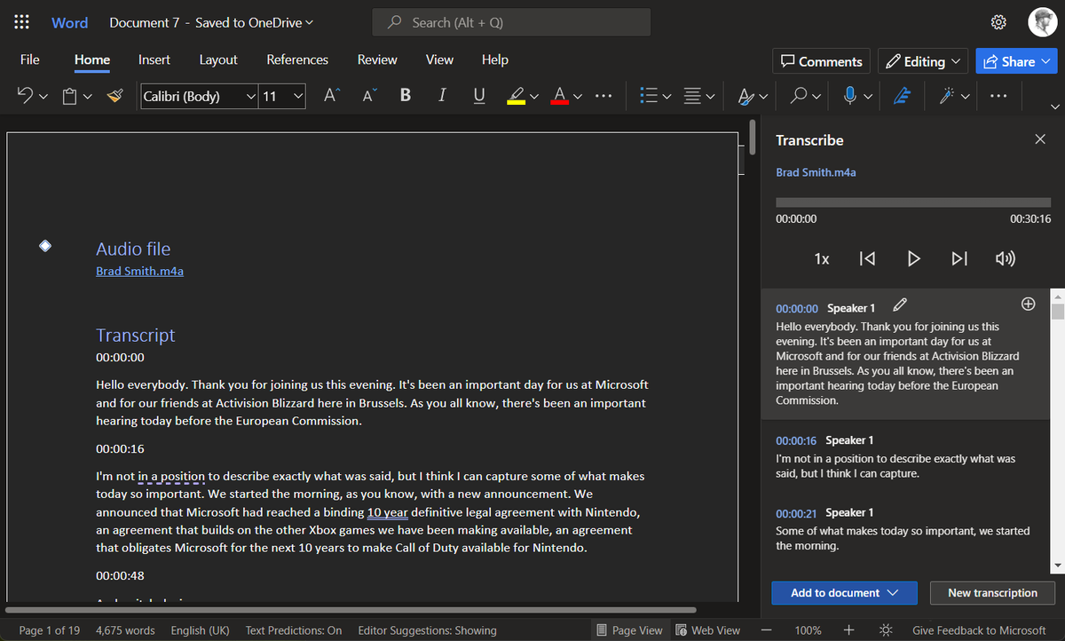 I used Word's online audio transcription feature to cover the Microsoft Activision press event last night. First time I've used it for a live event and it worked really well and processed all the quotes I needed to get an article up within minutes