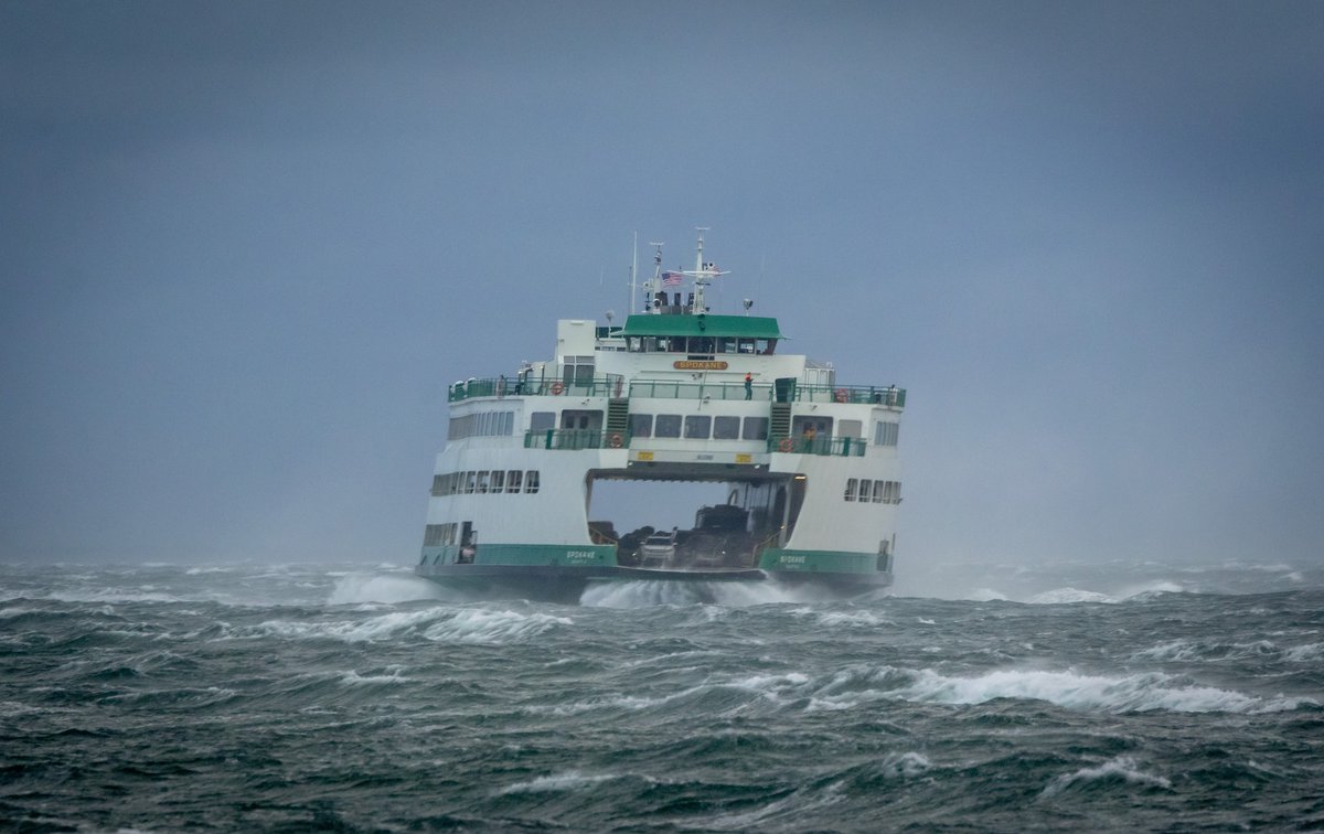 Check out #Spokane near #Edmonds Monday in this photo by Janine Harles! Because high winds made it hard to pull into the terminal there, we shut down our #Kingston route for about an hour. Safety is our No. 1 priority and crews will cancel sailings if they deem it unsafe to sail.
