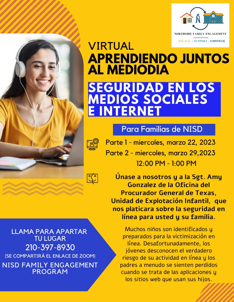 NISD Family (@nisd_family) on Twitter photo So excited for our <a href="/NISD/">Northside ISD</a> Family virtual lunch and learn about Social Media and Online Safety. Call 210-397-8930 to get more information or register! So excited for our <a href="/NISD/">Northside ISD</a> Family virtual lunch and learn about Social Media and Online Safety. Call 210-397-8930 to get more information or register!