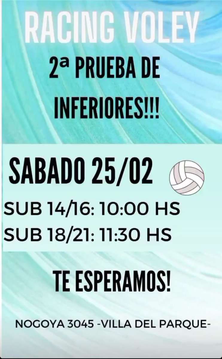 voleyracingclub's tweet photo. PRUEBA DE INFERIORES DAMAS

Este sábado vamos a estar realizando la segunda prueba de jugadoras para nuestras tres tiras femeninas 

Les recordamos que el Voley del club se practica en la Sede de Villa del parque 

Te esperamos en Nogoya 3045 - CABA

@RacingSede @DeportesRacing https://t.co/G4yJ7ipzYI