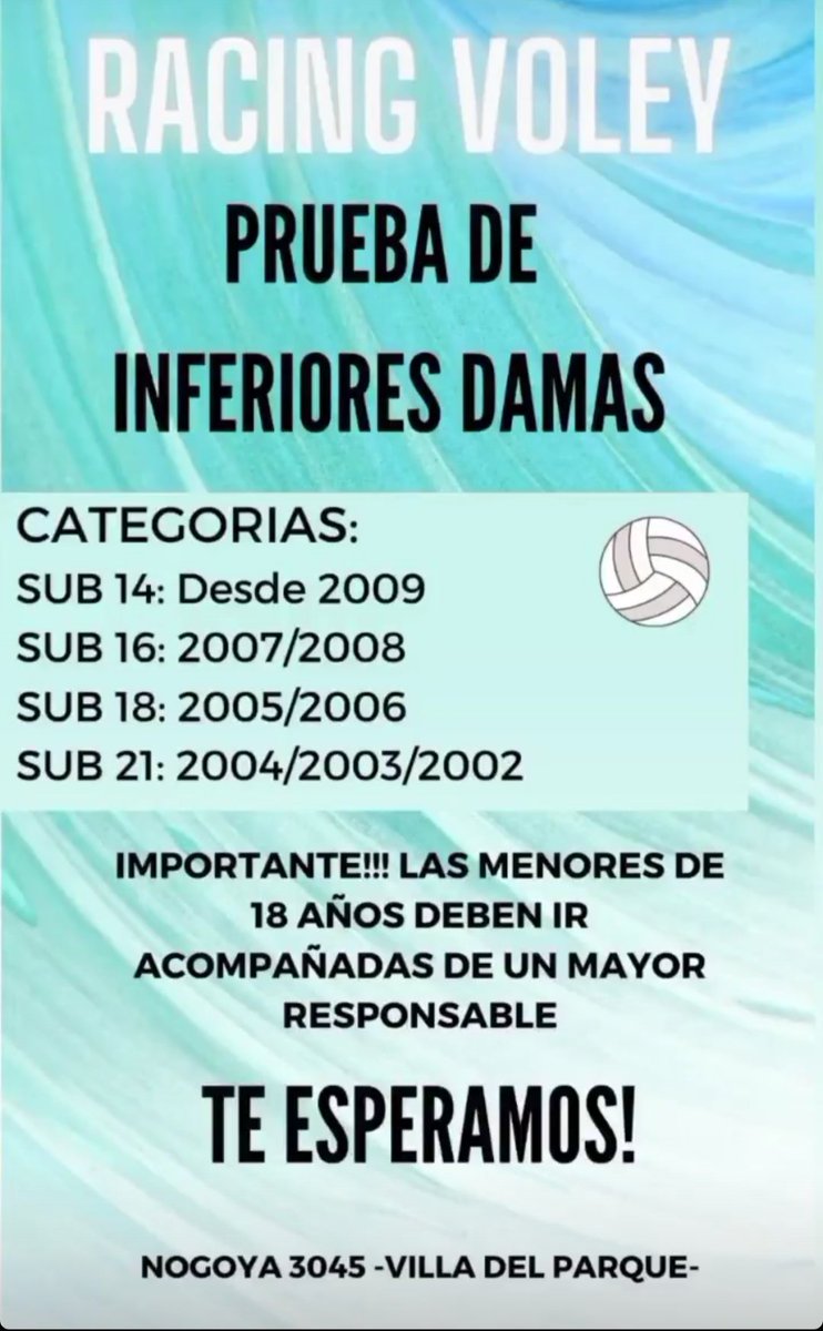 PRUEBA DE INFERIORES DAMAS

Este sábado vamos a estar realizando la segunda prueba de jugadoras para nuestras tres tiras femeninas 

Les recordamos que el Voley del club se practica en la Sede de Villa del parque 

Te esperamos en Nogoya 3045 - CABA

<a href="/RacingSede/">SEDE RACING CAPITAL</a> <a href="/DeportesRacing/">Deportes Racing</a>