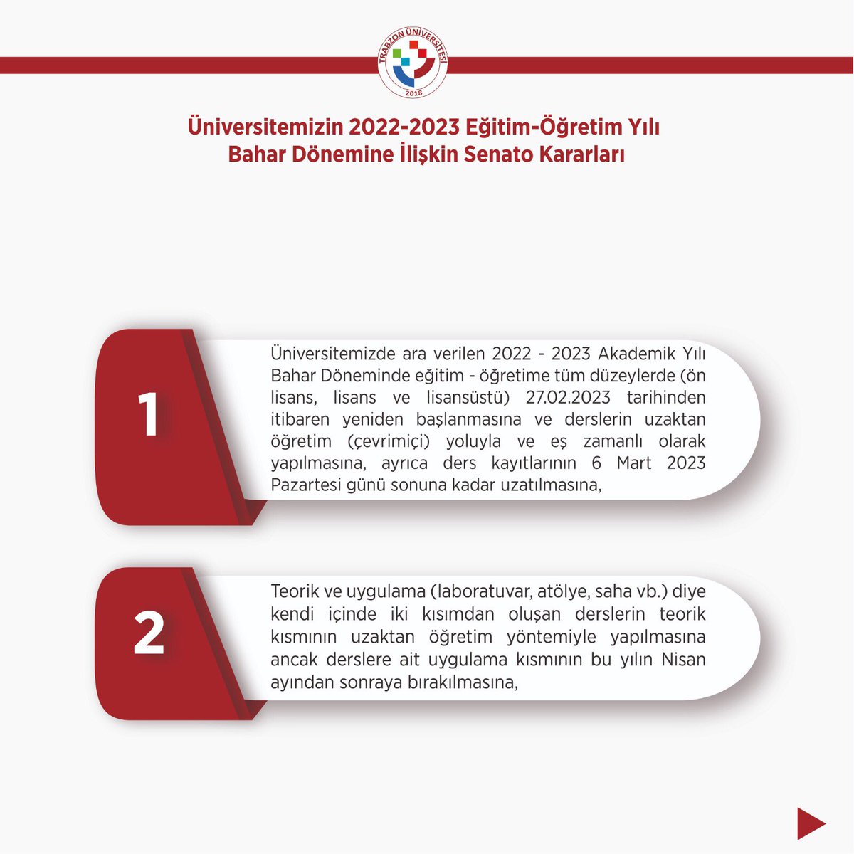 asikkutlu_emin's tweet photo. TRÜ Ailesinin Değerli Mensupları, Sevgili Öğrenciler

Üniversitemizin 2022-2023 Bahar Dönemine ilişkin Senato kararları aşağıdaki gibidir.
Hepinize sağlıklı, mutlu ve başarılı bir dönem diliyorum. https://t.co/vs3N2tVpNh