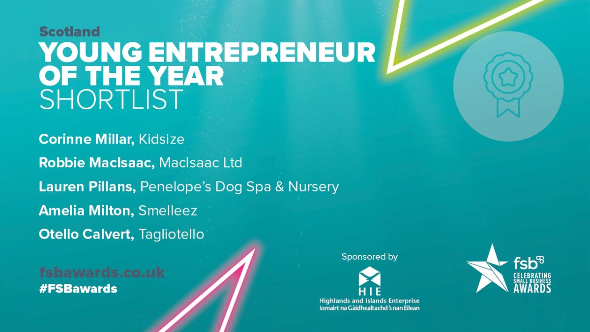 FSB_GarryC's tweet photo. A great field for Young Entrepreneur of the Year at the @FSB_Scotland #FSBawards next week.
Shortlisted are #Kidsize, #FluxBagpipes, #PenelopesDogSpaAndNursery, #Smelleez and #Tagliotello
Good luck in Glasgow, everyone! https://t.co/vk7rwWxvf6