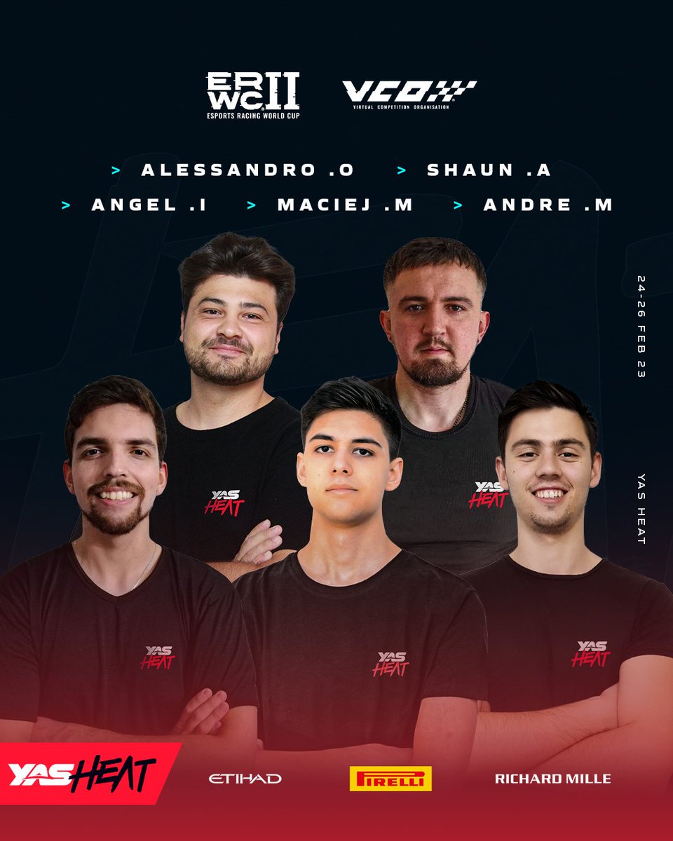 YASHeatEsports's tweet photo. Doubling up the announcements today... 💪

We are excited to release our roster for this year's Esports Racing World Cup II by @vcoesports 🔥

🧑‍🚀 @OttavianiAle 
🧑‍🚀 @Shaun__Arnold 
🧑‍🚀 @ainostroza6 
🧑‍🚀 @tortellinnii
🧑‍🚀 @Andre46_154

#BringTheHeat #erwcII https://t.co/wHfzG7EUZF