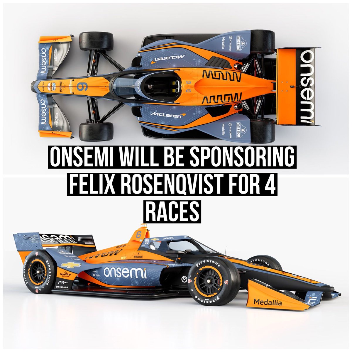 Onsemi will be sponsoring the #6 car of Felix Rosenqvist for four races
-Long beach
-Detroit
-Road America
-Bommartio 500
#indycar #indy500 #arrowmclarensp