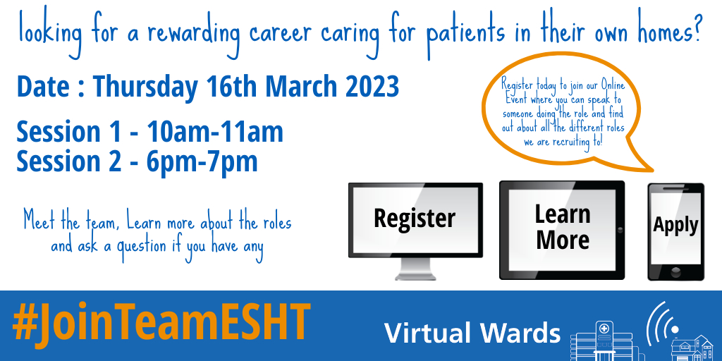 ESHTRecruitment's tweet photo. Come and learn more about our Virtual Wards, book today to join one of our online sessions where you can meet the team and ask any questions.
https://t.co/9iBvZfxZM1
#ESHTjobs #JoinTeamESHT #ESHT #EastSussexJobs #EastbourneJobs #HastingsJobs #BrightonJobs #BexhillJobs #recruit https://t.co/FsSJsBibGz