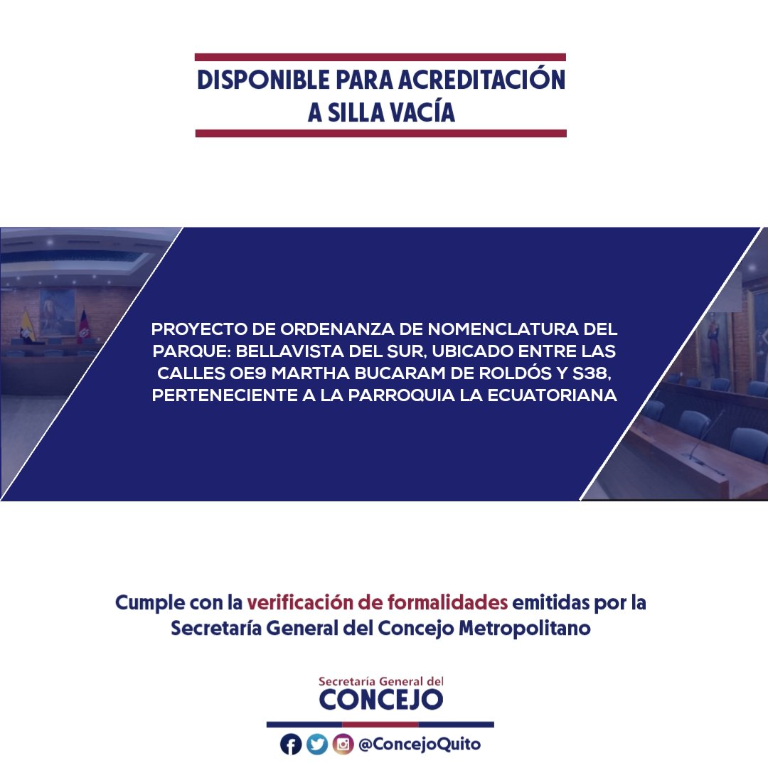 Concejo Metropolitano de Quito (@concejoquito) on Twitter photo ✅🪑Ordenanza que designa al espacio público ubicado entre las calles constantes en el proyecto, perteneciente a parroquia #LaEcuatoriana, con el nombre de ́Parque Bellavista del Sur ́”, iniciativa de Cjal. <a href="/MoniSandovalUIO/">Mónica Sandoval</a> disponible para #SillaVacía ➡️📝bit.ly/3XRpdha ✅🪑Ordenanza que designa al espacio público ubicado entre las calles constantes en el proyecto, perteneciente a parroquia #LaEcuatoriana, con el nombre de ́Parque Bellavista del Sur ́”, iniciativa de Cjal. <a href="/MoniSandovalUIO/">Mónica Sandoval</a> disponible para #SillaVacía ➡️📝bit.ly/3XRpdha