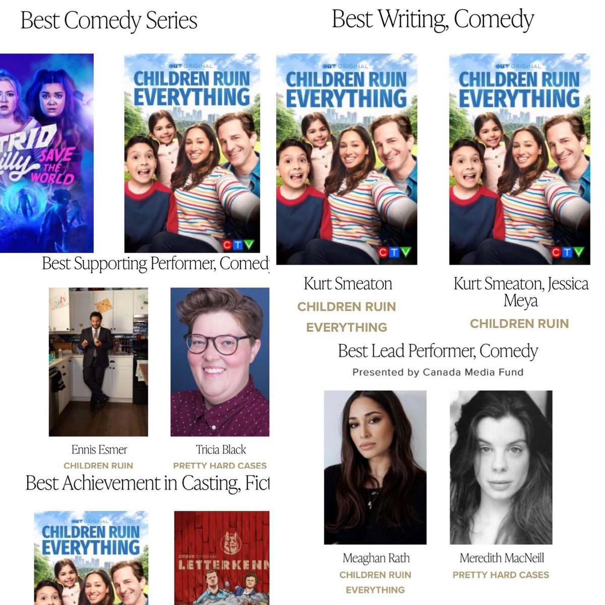 So proud to share that #ChildrenRuinEverything season 1 has been nominated for 6 #CdnScreenAwards! Congratulations to the deeply talented cast and crew, to the wonderful people at <a href="/newmetricmedia/">New Metric Media</a> and our partners at <a href="/CTV/">CTV</a> /Bell media. 

Congratulations to all the nominees!