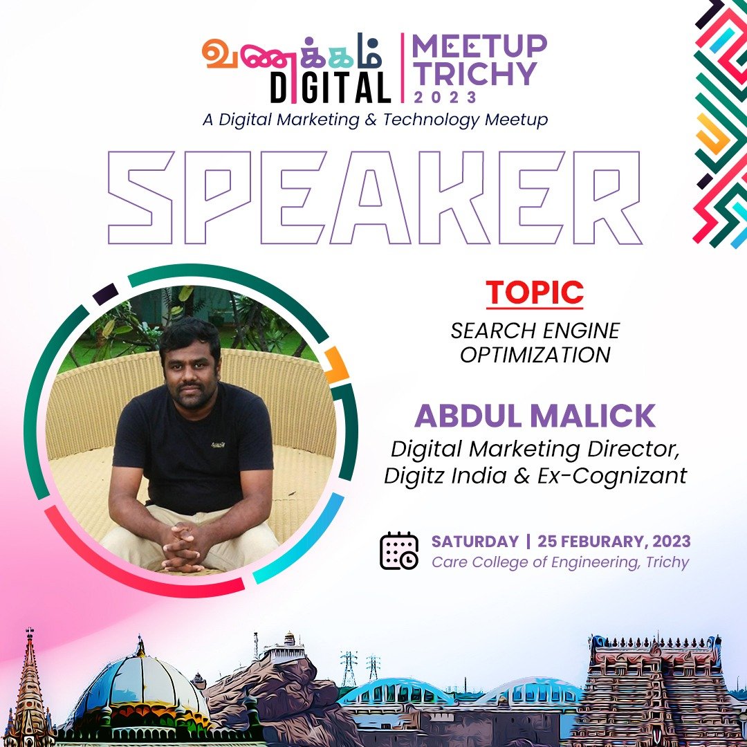 AbdulMalick's tweet photo. Join me at the Vanakkam Digital - Digital Marketing and Technology Meetup Trichy 2023 where I will be presenting the topic on SEO

Register Now : https://t.co/xybCZxDL0D

#vanakkamdigital #DigitalMarketing #webmarketing #SEO #Meetup #SEOStrategy #seotips #seoexpert #speaker https://t.co/RaRntwkRPN