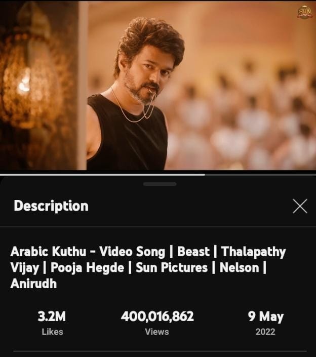 Vj_Fan_Girl_'s tweet photo. 400Million views❤‍🔥🔥🥳

#ArabicKuth #Beast @anirudhofficial @actorvijay @sunpictures https://t.co/FLF4qR1hji