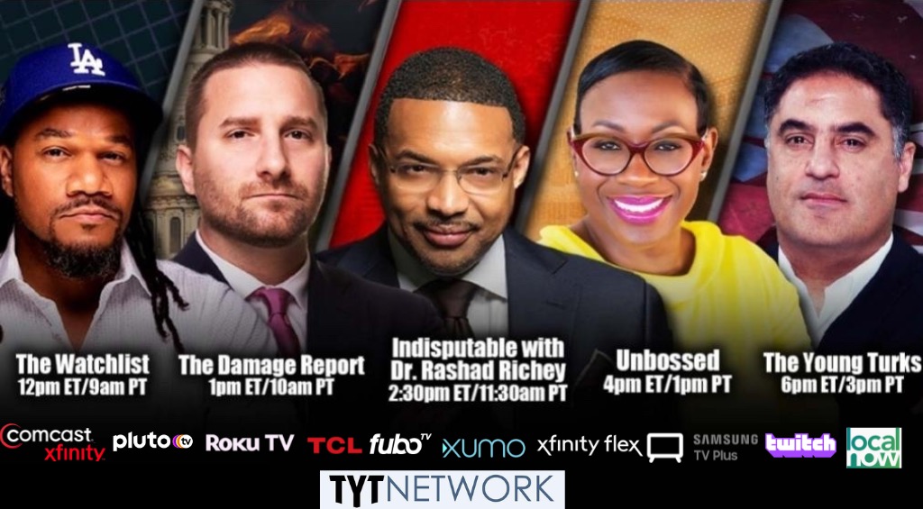 Rashad_Richey's tweet photo. The absolute best opinion news anchors on TV!Many ways to watch thought-provoking, authentic coverage and commentary on matters that you give a damn about!Also available on YouTube TV, Facebook Watch,and virtually ALL podcast platforms. #TYTNETWORK @IndisputableTYT @TheYoungTurks https://t.co/Upt4kWJXnv