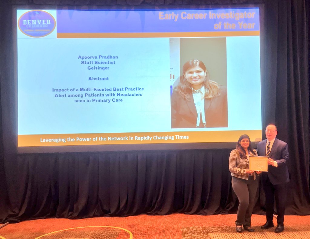 RxEricWright's tweet photo. Apoorva Pradhan is the @HCSRN Early Career Investigator of the Year! Honored for her work on an amazing pragmatic randomized study evaluating a headache program in Primary care. Congratulations! @GeisingerRsrch #geisingercpio #HCSRN23 https://t.co/EriXyQaggu