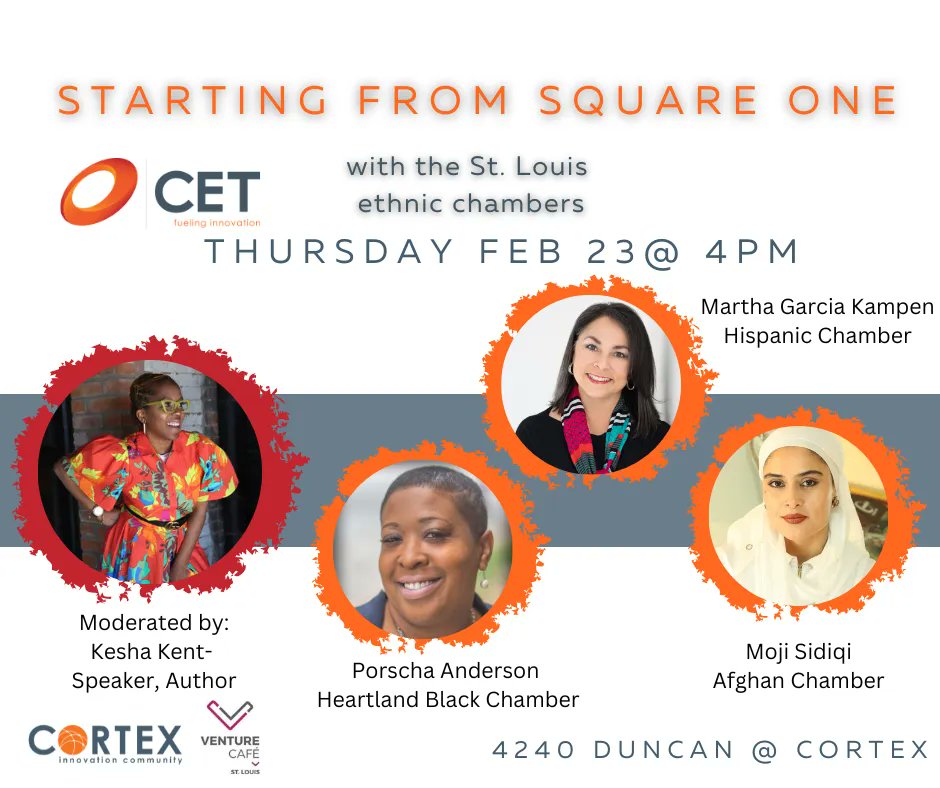 Join us Thurs Feb 23 at #StartingfromSquareOne with the Heartland Black Chamber, Hispanic Chamber and Afghan Chamber at #VentureCafe
Moderated by Kesha Kent, the networking superhero, this session will introduce the resources and support that the ethnic cahmbers offer