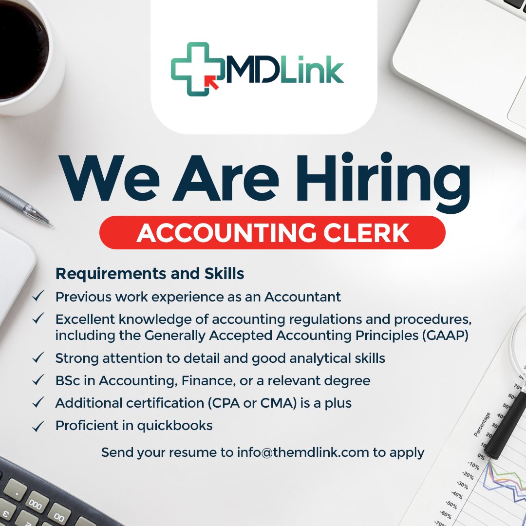 MDLinkHealth's tweet photo. #Retweet #SignalBoost 
Our team is expanding! We are looking for an experienced #AccountingClerk to maintain our financial record-keeping, budgeting, and reporting.

📧 Send your applications to info@themdlink.com

#MDLink https://t.co/8uTjGy0D3n
