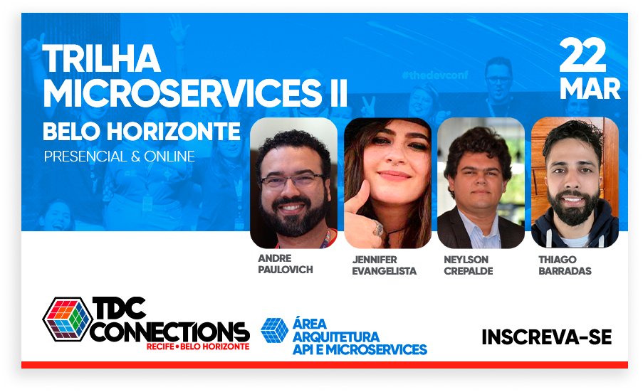 O 🔴 TDC CONNECTIONS 2023🔴 já está a todo vapor e estamos levando até você conteúdos incríveis 📢

Conheça os coordenadores da Trilha MICROSERVICES II😊
<a href="/andrepaulovich/">André Paulovich</a> 
Jennifer Evangelista
<a href="/NCrepalde/">Neylson Crepalde</a> 
<a href="/_thiagobarradas/">Thiago Barradas</a> 

Saiba mais e inscreva-se:
bit.ly/3YQSFVG