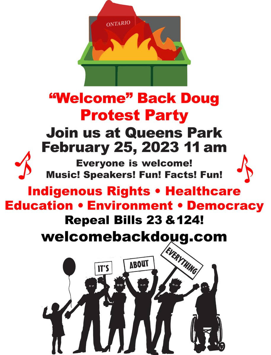 Don't forget! This Sat, 11am, the big 'Welcome' Back Doug Protest Party at Queen's Park. I can hardly wait! @welcomebackdoug #ItsAboutEverything #IHEED #SaveDemocracyON #StopSprawl #RepealBill23 #DropBill124 @stopthe413 @stopbwgbypass @ontariohealthc1 @Gasp4Change @ForOurKidsTO