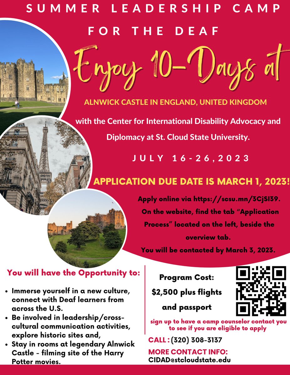 CidadScsu's tweet photo. The deadline for registration has been extended!!

Applications are due March, 1, 2023!

Come spend 10 days at Alnwick in England, UK and gain leadership skills, go on tours around England, and immerse yourself in cross-cultural communication and activities. https://t.co/7DYoU58ir7