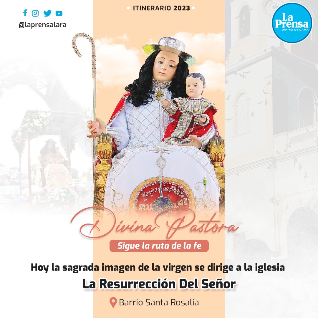 #22Feb | La sagrada imagen de la Divina Pastora continúa su peregrinación por las parroquias de #Barquisimeto.

Este miércoles, la virgen se dirige, en hombros de sus fieles, hacia la iglesia La Resurrección Del Señor, ubicada en el Barrio Santa Rosalía.