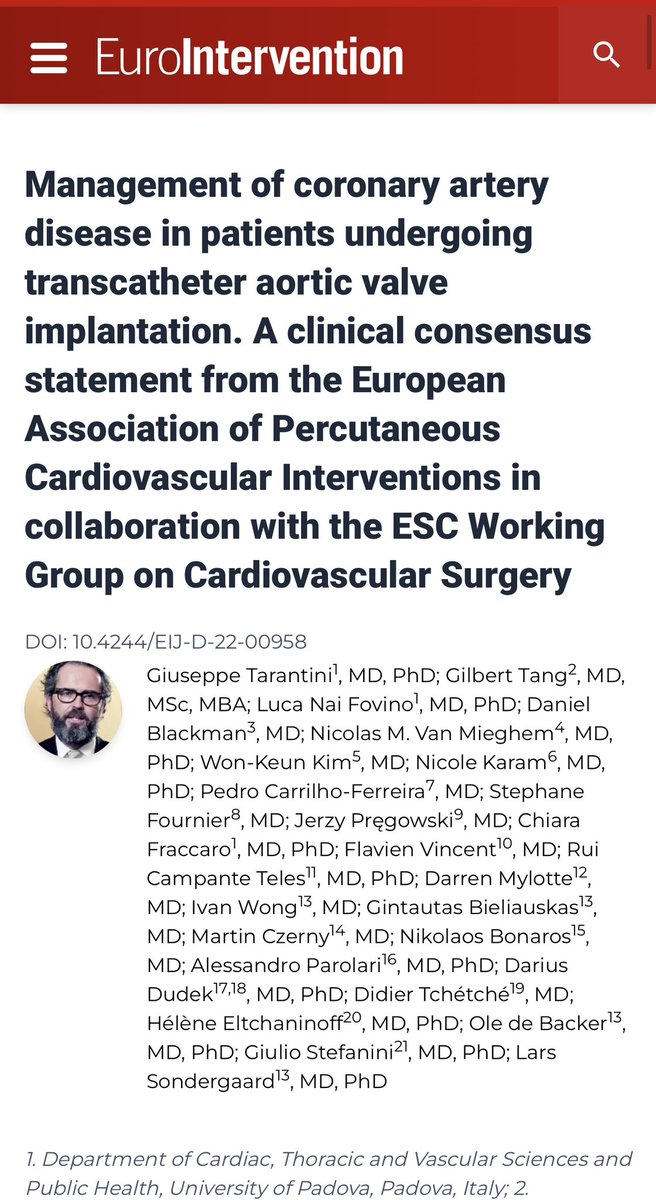 📰 Just out! 

🩺 New clinical consensus on the management of CAD + TAVI.

🇪🇺 Thanks to the European Association of Percutaneous Cardiovascular Interventions (EAPCI) 

❤️ In collaboration with the European Society of Cardiology (ESC) Working Group on Cardiovascular Surgery