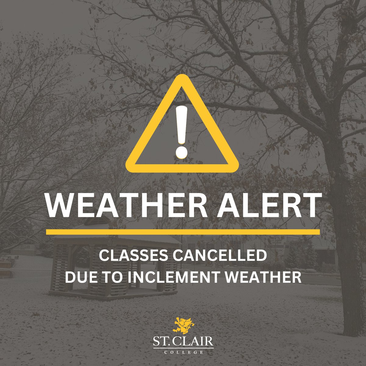 StClairCollege's tweet photo. Please be advised that all classes are cancelled effective 1:00 PM today (Wednesday February 22nd) 

An announcement will be made at 5:00 AM tomorrow (Thursday February 23rd) related to campus closure and class cancellation for Thursday, February 23rd. https://t.co/z7vLLsYpUS