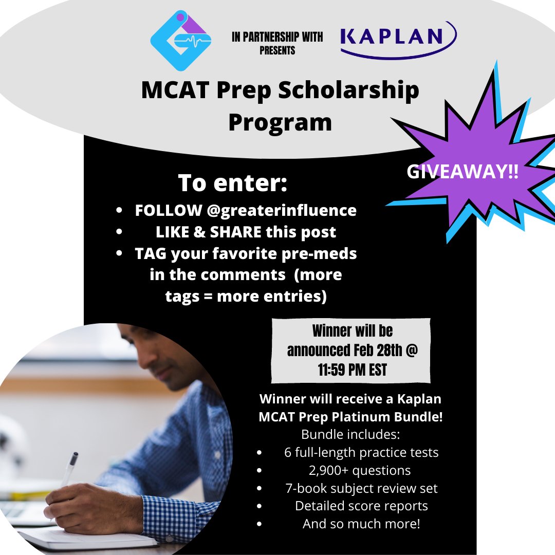 GreaterInf's tweet photo. In honor of Black History Month, Greater Influence is giving away  a Kaplan MCAT Prep Platinum Bundle! To enter the giveaway, you must:
- FOLLOW @greaterinfluence on Instagram
- LIKE &amp; SHARE the IG post about the giveaway
- TAG your favorite pre-med students in the comments https://t.co/CuOTNTovQu